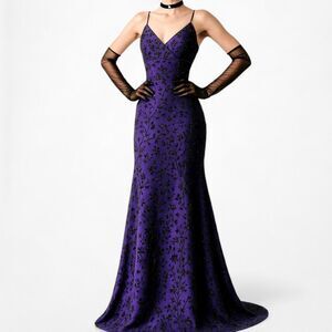 Vintage Purple Knit Floral Velvet Beaded Bodycon Maxi Prom Dress Size S/M